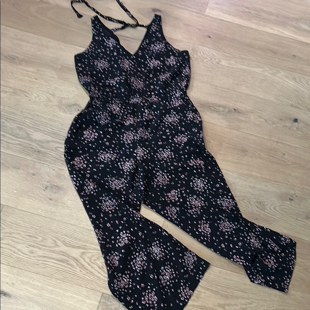 LOFT Black and Pink Jumpsuit with V-Neck and Cropped Wide-Leg